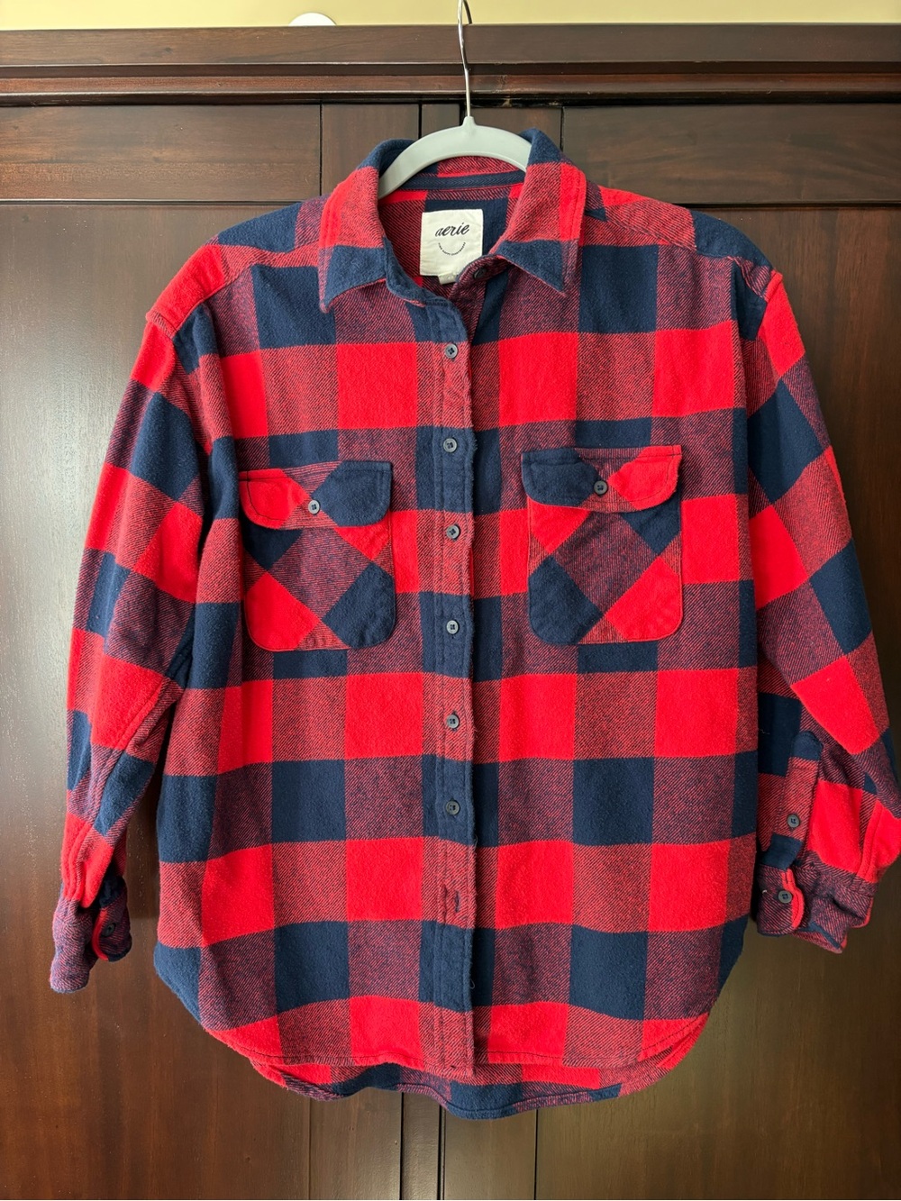 aerie Red and Navy Buffalo Plaid Button-Down Shirt